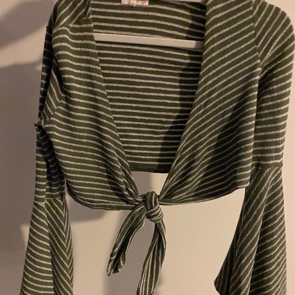 Olive Striped Tie Front Flow Sleeve Crop Top